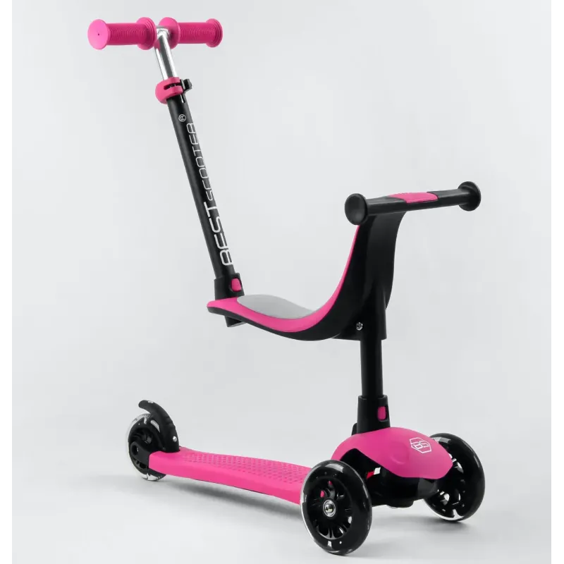 Дитячий самокат 3в1 з сидінням батьківською ручкою Best Scooter Pink